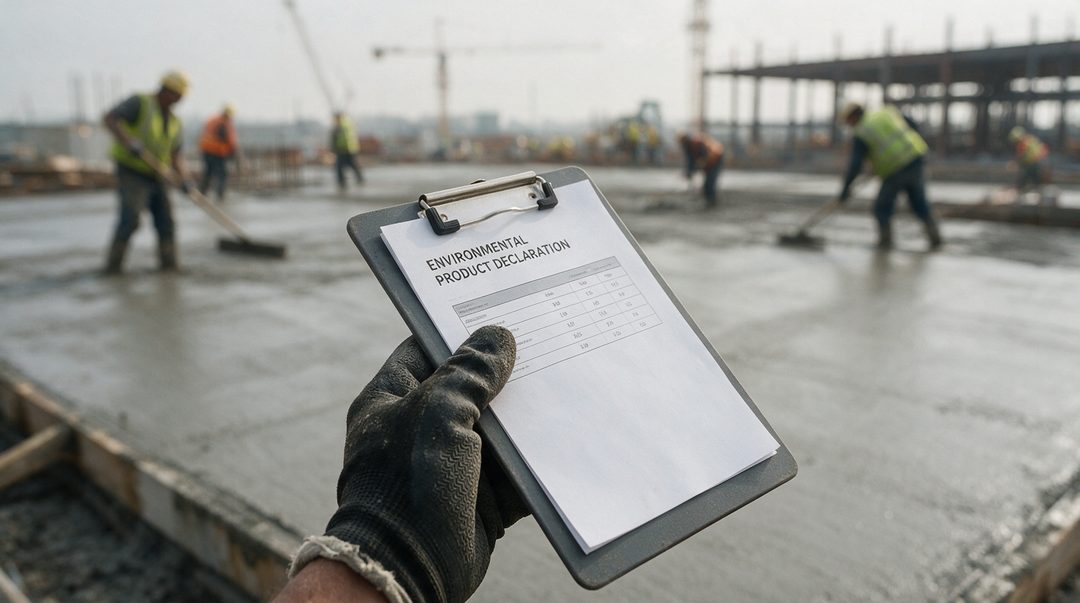 Gloved hand holding an EPD document at a concrete pour
