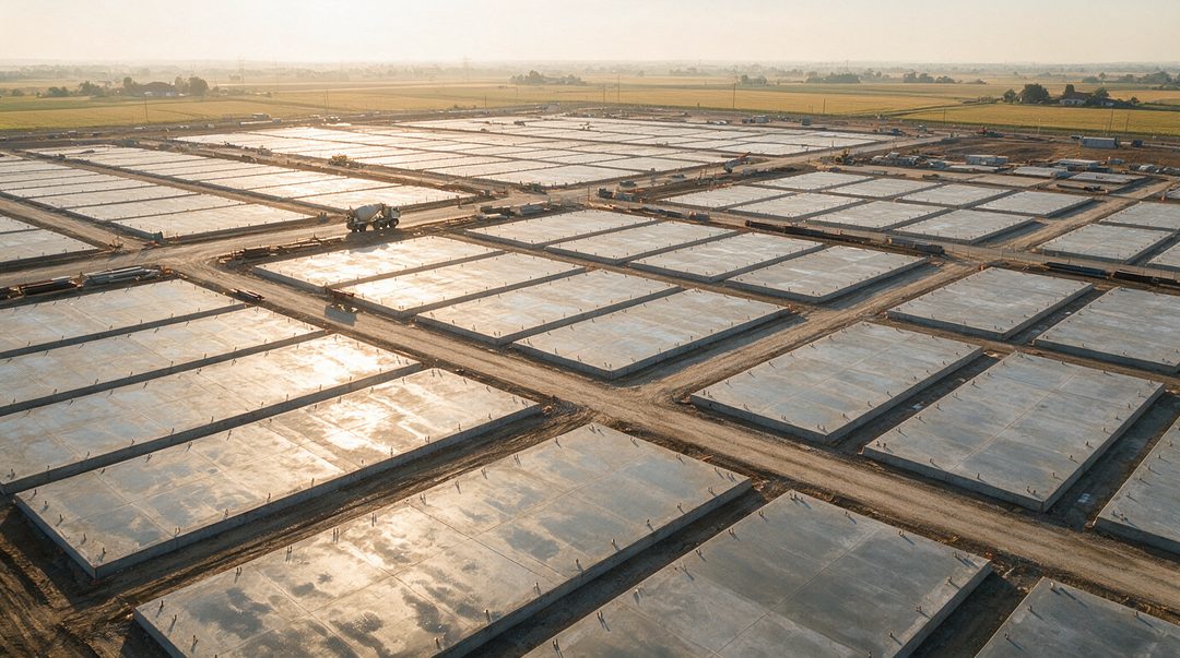 Aerial view of a data-center campus of concrete foundation slabs