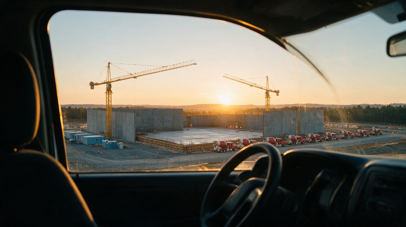 Dawn view from a truck cab of a data-center construction site
