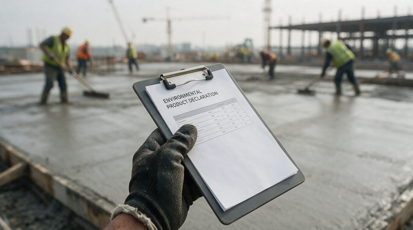 Gloved hand holding an EPD document at a concrete pour
